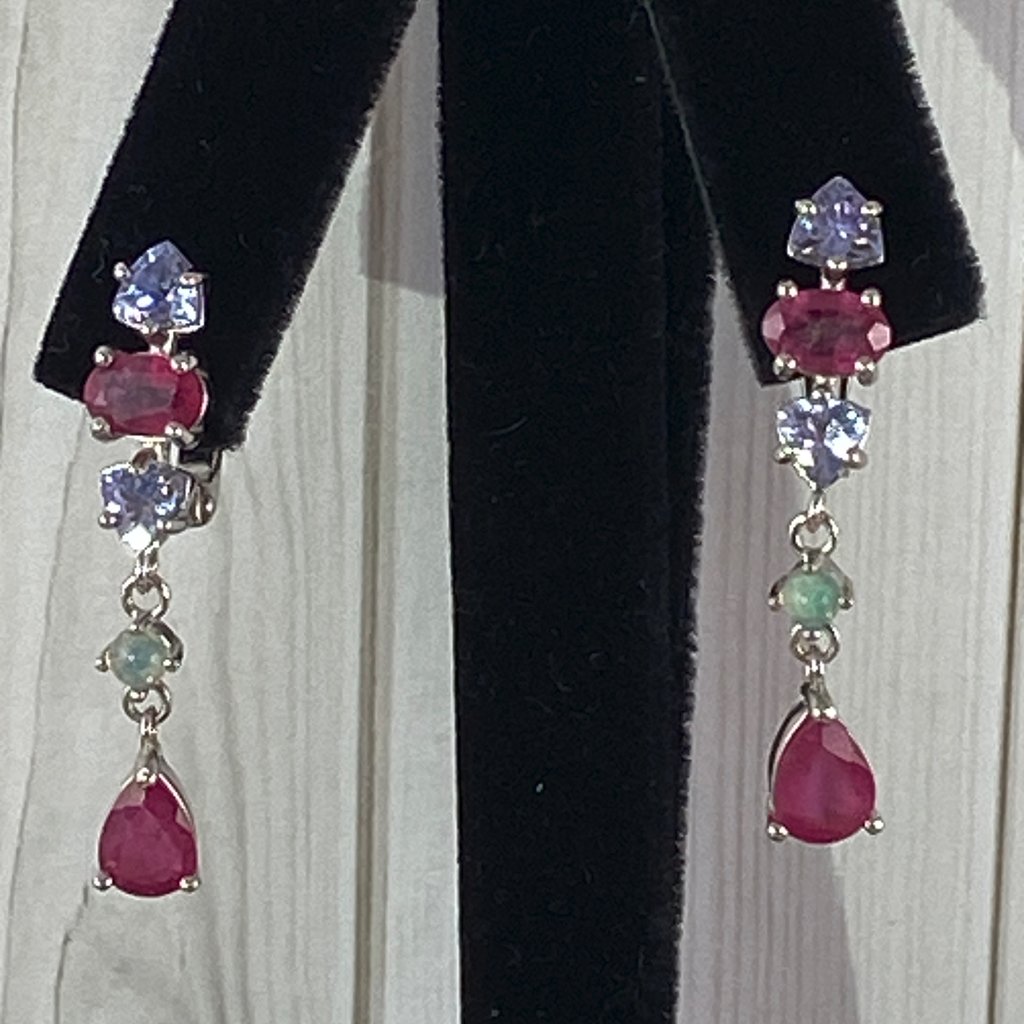 Ruby, Opal, And Tanzanite Leaver Back Earrings